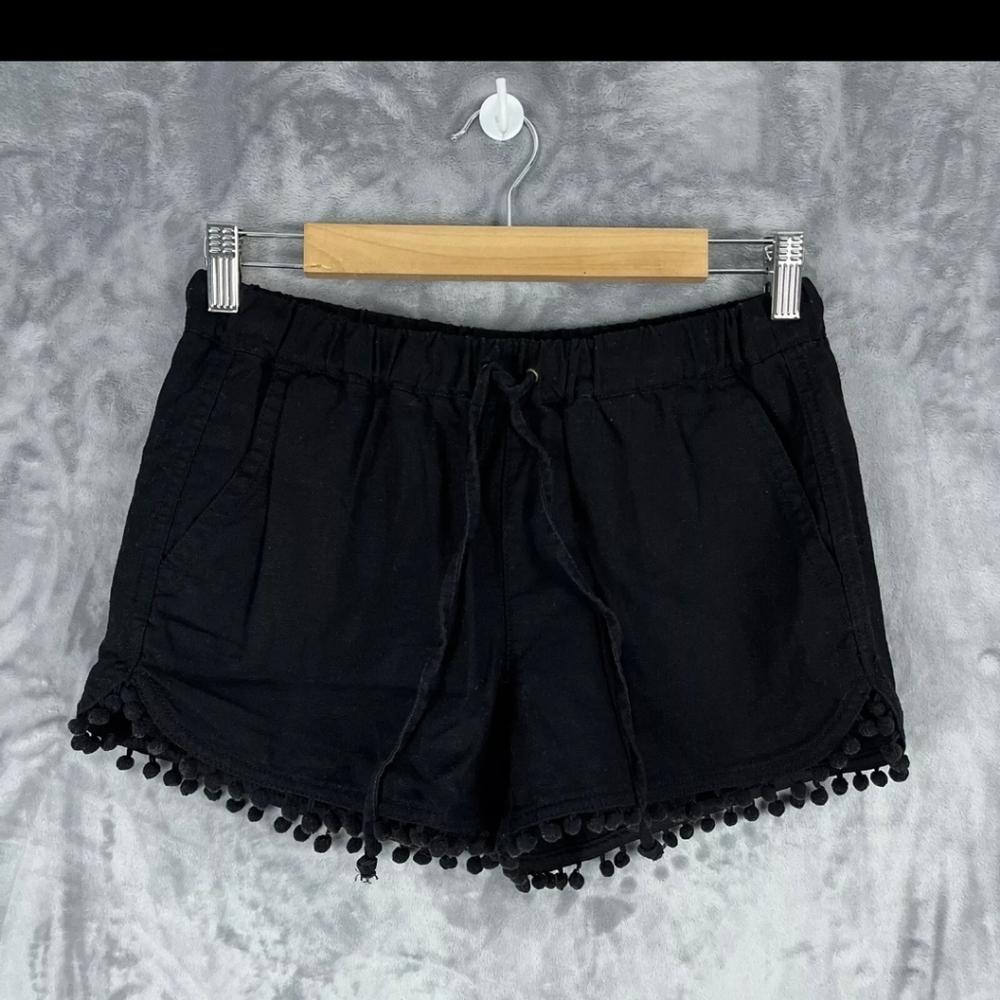 J By J.Crew Women's Black Linen Blend Pom Pom Shorts Drawstring Waist Size XS, S